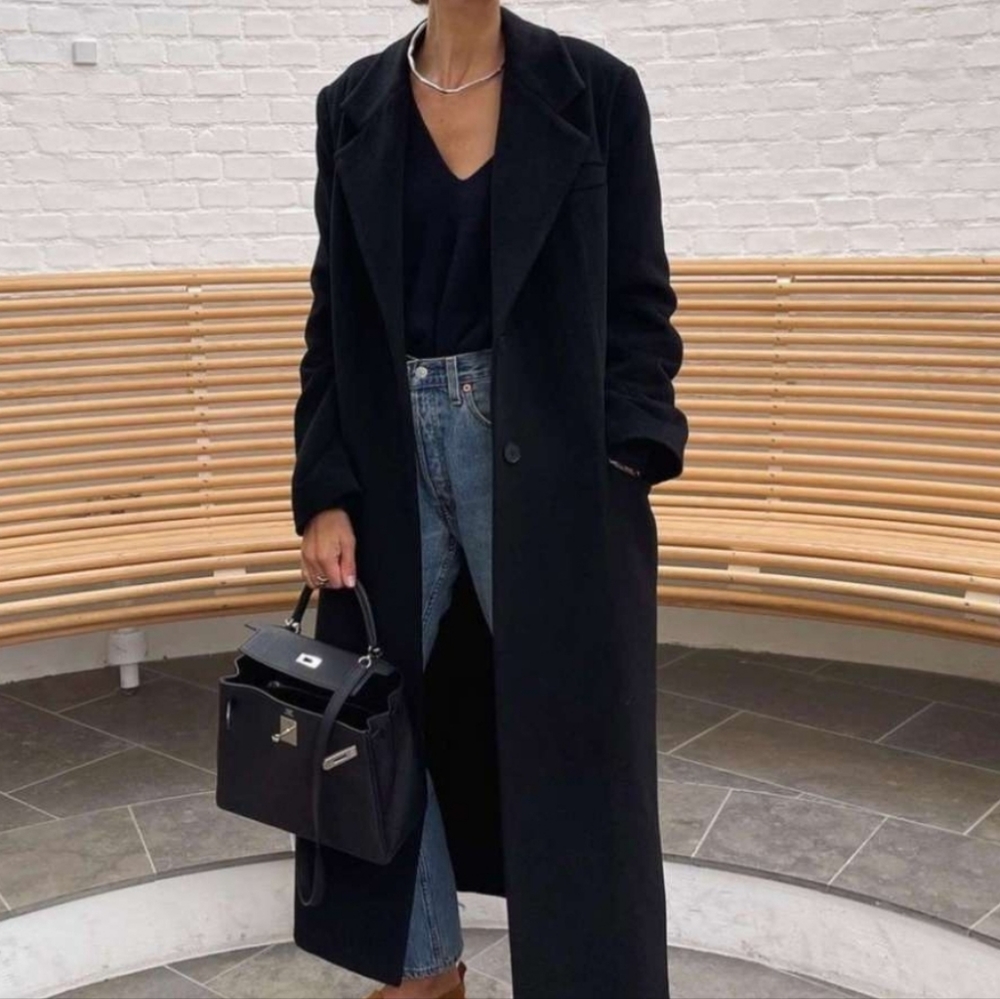 Italian Cashmere Wool Black Long Double Breasted Lagenlook Slouchy Trench